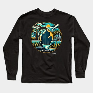 Michigan Motif: Lakes & Legends - American Vintage Retro style USA State Long Sleeve T-Shirt